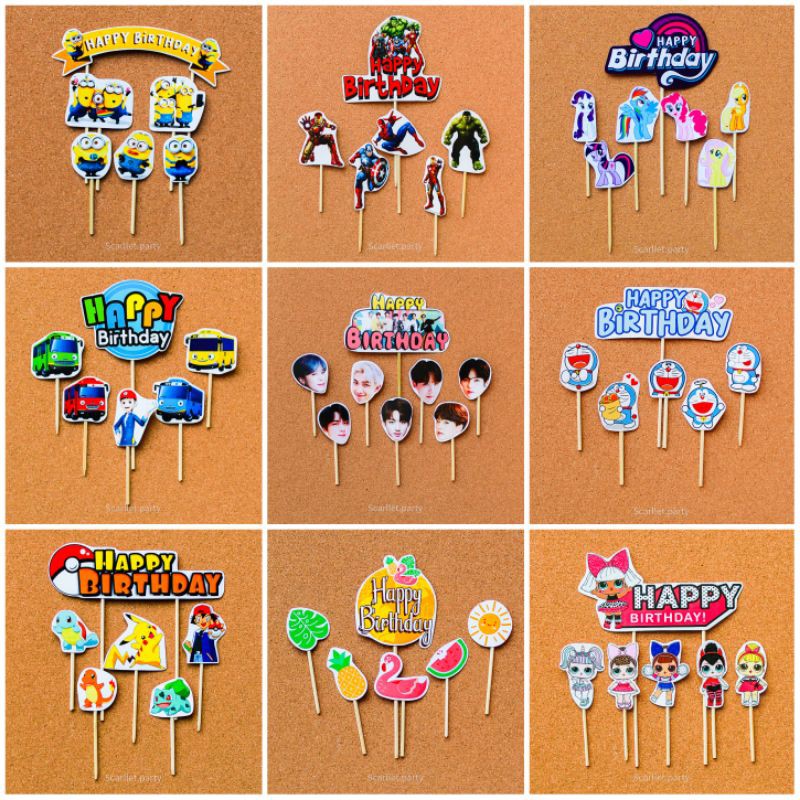 TOPPER CAKE HIASAN KUE TART TUSUKAN KUE HAPPY BIRTHDAY SET PONY TAYO DORAEMON BTS AMONG US SHINBI
