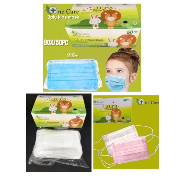 READY STOK MASKER EARLOOP ANAK CHILD UTAMA ONECARE CHASA CAREION ISI 50 LBR WARNA POLOS HIJAU PINK PUTIH