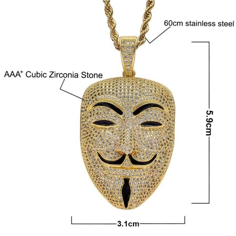 Kalung Liontin Masker Bahan Zircon Gaya Hip Hop Rock Untuk Unisex