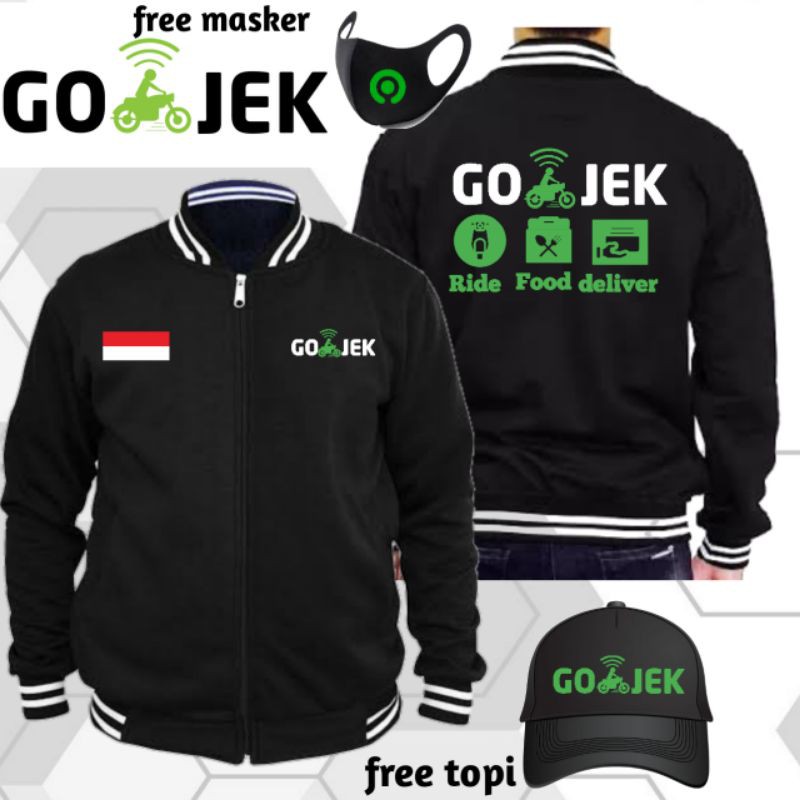 jaket varsity ojol gojek logo lama bahan cotton flecee tebal free makser dan topi jaring