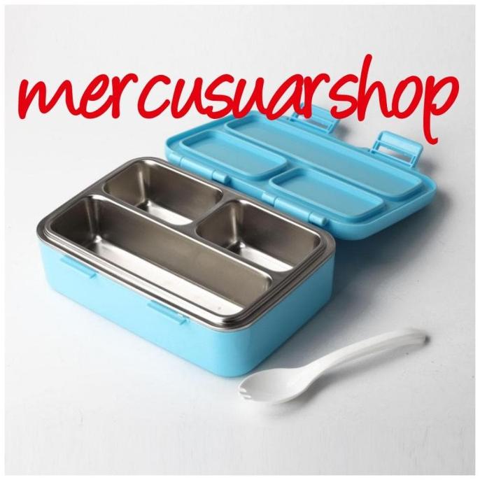 lunch box   kotak makan stainless yooyee sekat 3 anti tumpah   biru muda