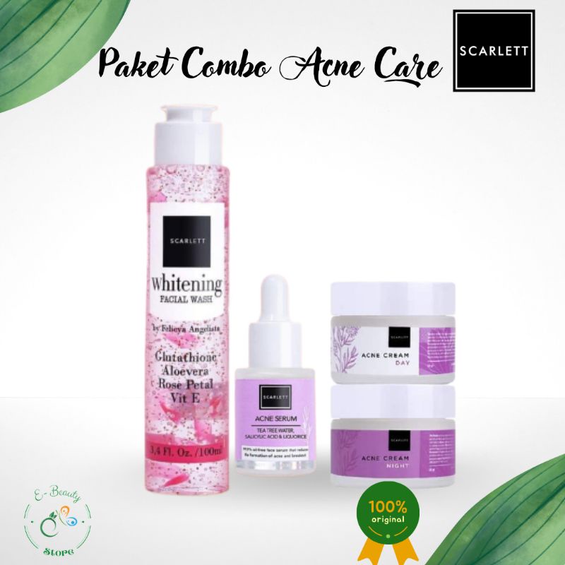Paket Combo Scarlett Whitening Acne Care Brightly 4 in 1 Facial Wash Serum Day Night Cream Perawatan