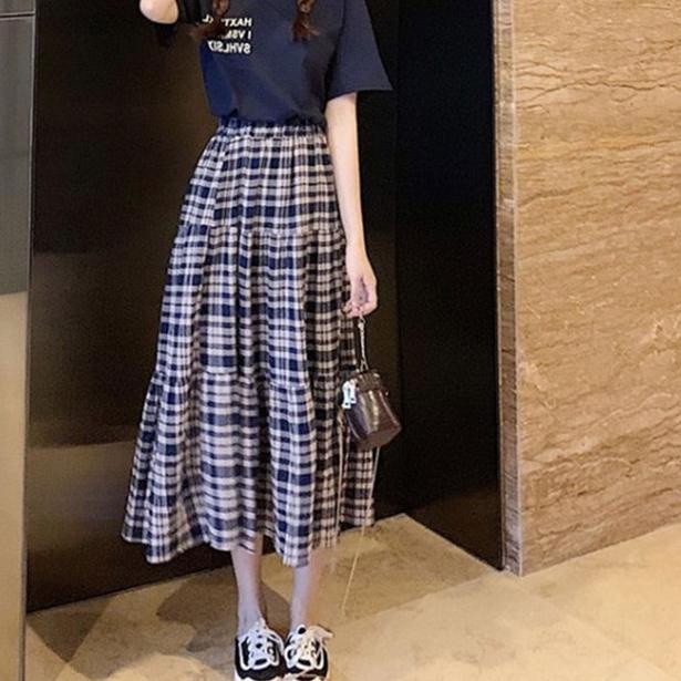 YIYI GIRL - Rok Panjang Kotak Kotak Highwaist Plisket Hitam Panjang