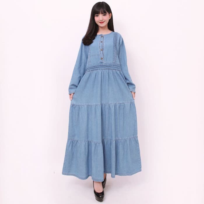 Dress Maxi Gamis Albreda Longdress Jeans Jumbo Wanita - Biru Muda Murah