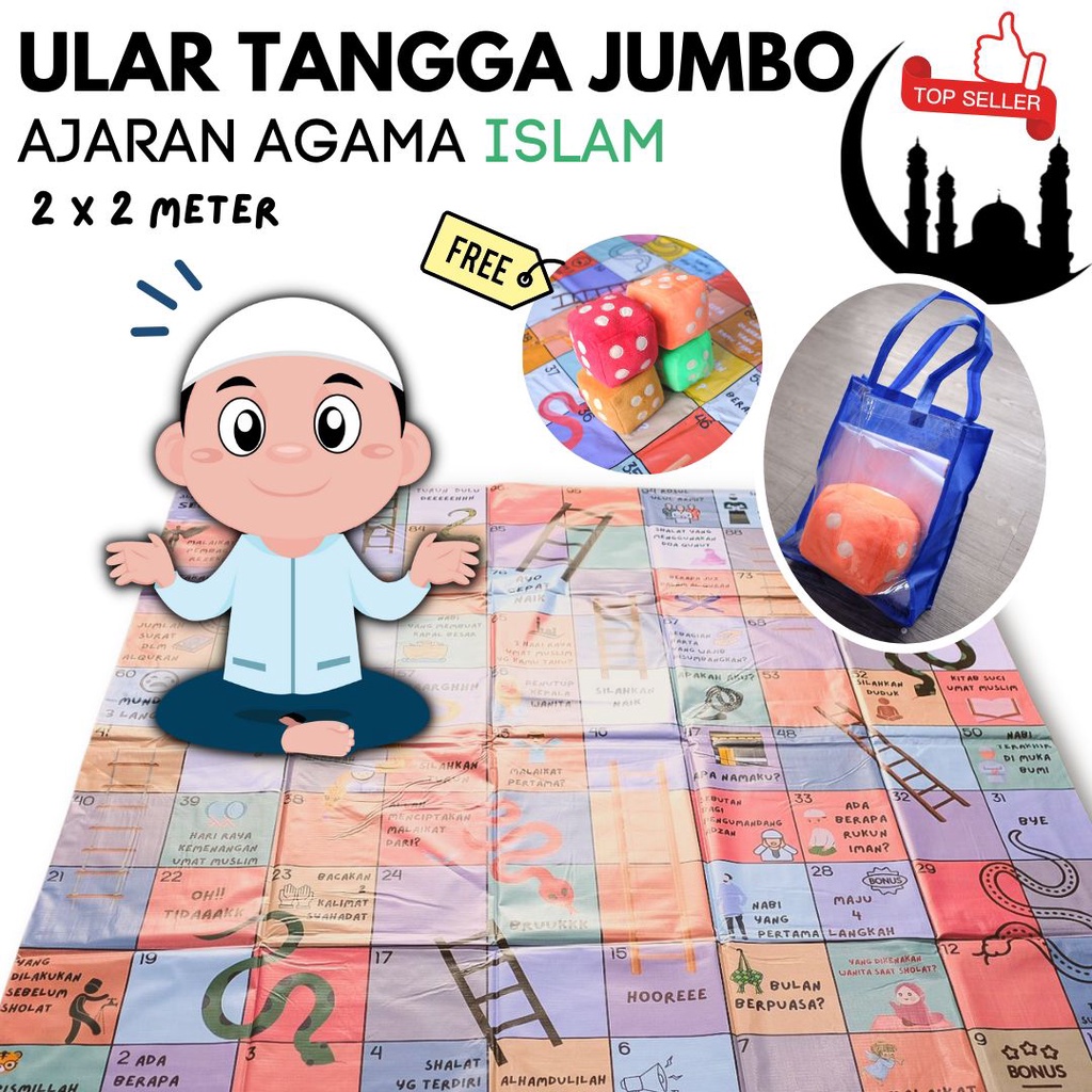 Mainan Edukasi Anak Ular Tangga Jumbo Tema Muslim/Ajaran Agama Islam Karpet Playmat Gratis Dadu