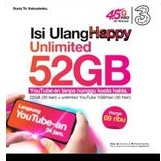 INJEK DATA 3 THREE 22GB 52GB UNLIMITED YOUTUBE 30 HARI MURAH