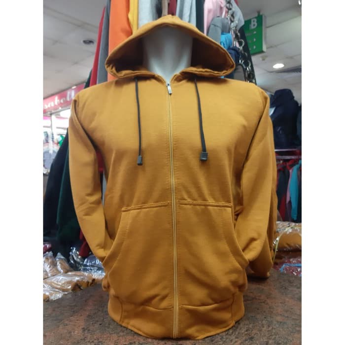 jaket hoodie  zipper polos  warna kuning kunyit allsize 