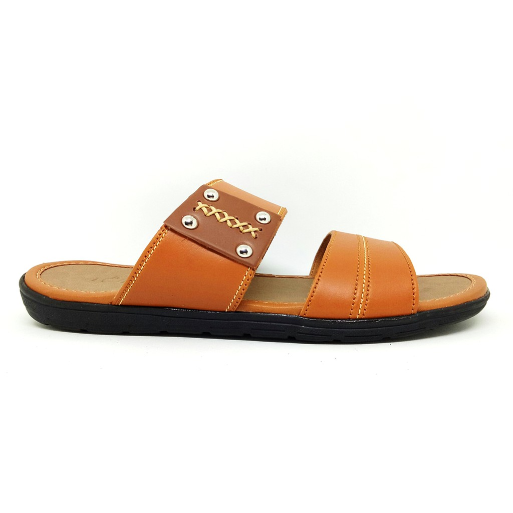 FIURI - Sandal Double Slip On Tan - Sandal Murah Pria - Sandal Casual - Sandal Pria Kulit