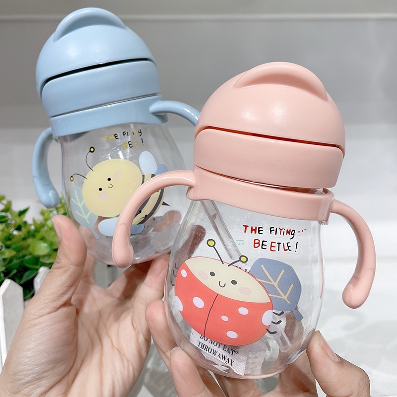 Botol Minum Bayi / Anak Portable 300ml Motif Kartun Dengan Sedotan + Gagang Bola Gravitasi