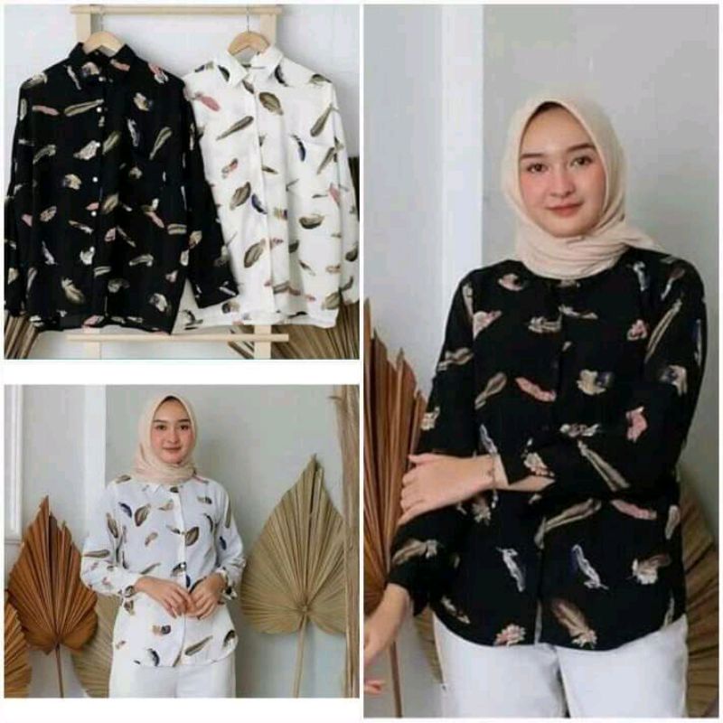 BLOUSE JUMBO KEMEJA WANITA MONALISA MOTIF BULU / ATASAN WANITA KEKINIAN BISA COD BAYAR DITEMPAT / KEMEJA MONALISA JUMBO