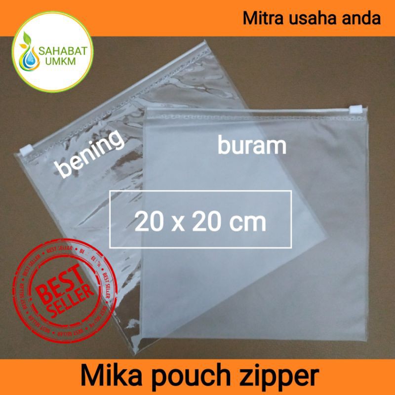 Plastik mika pouch with zipper putih buram 20x20cm