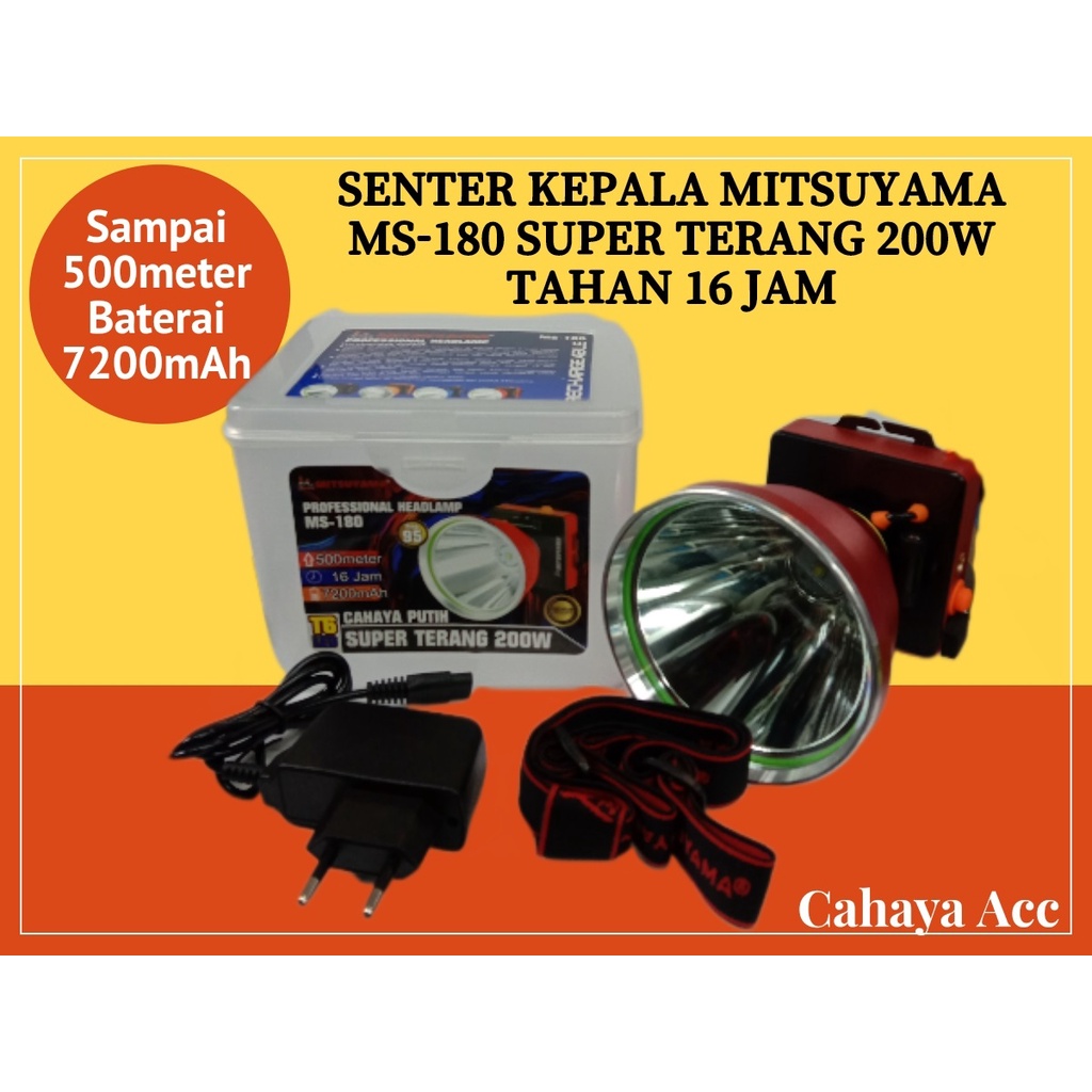 Senter Kepala 200W MS-180 T6 LED Headlamp / Lampu Senter Kepala Siper Terang 200Watt Baterai 7200mAh Tahan 16 Jam Jarak Cahaya 500 Meter