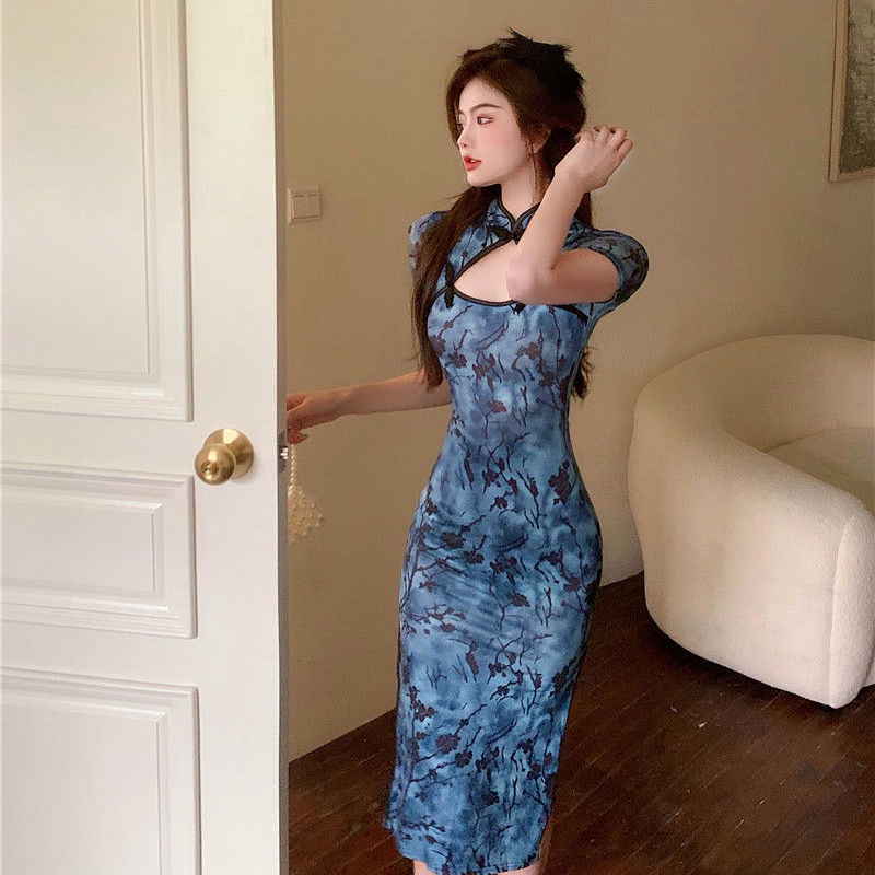 Vintage daily cheongsam improved version young style bone etching hollow out high split middle and l