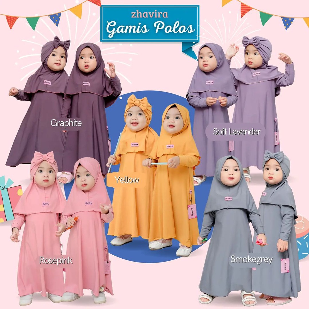 Set Gamis Anak Perempuan 0 - 3 Tahun Set Hijab Dan Turban Zhavira Polos Bahan Jersey Premium Putih Hitam