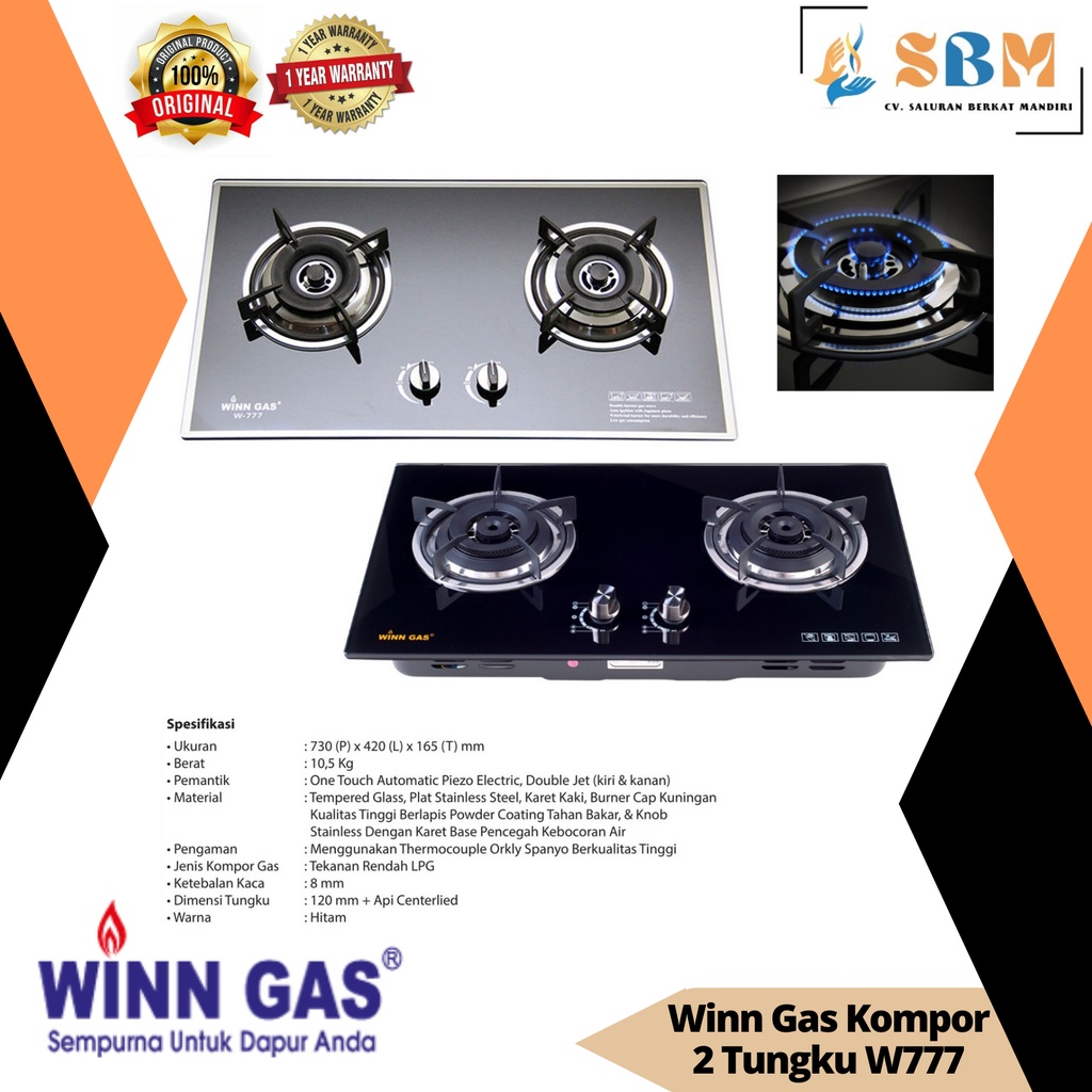 Kompor 2 tungku Tanam Winn Gas W-777 / Paket kompor selang regulator W88/W900