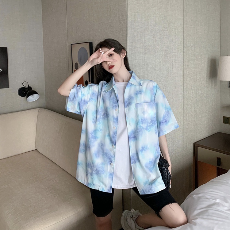 [CUCI GUDANG]Fashion Baru Wanita Korea Tie Dye Kemeja Sifon Longgar Lengan Panjang/Atas Lengan Pendek