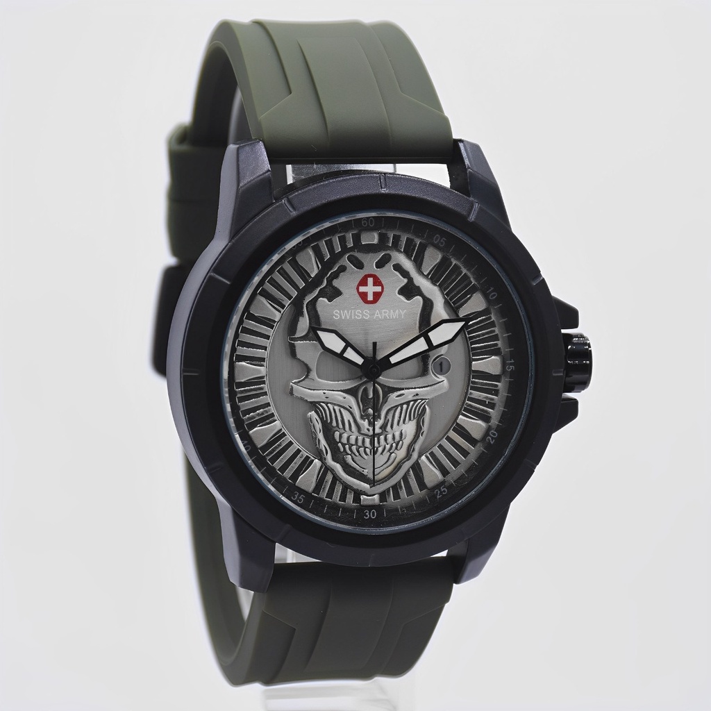 Jam Tangan Pria L2301G Tali Rubber Plat Motif Tengkorak Free Box &amp; Baterai