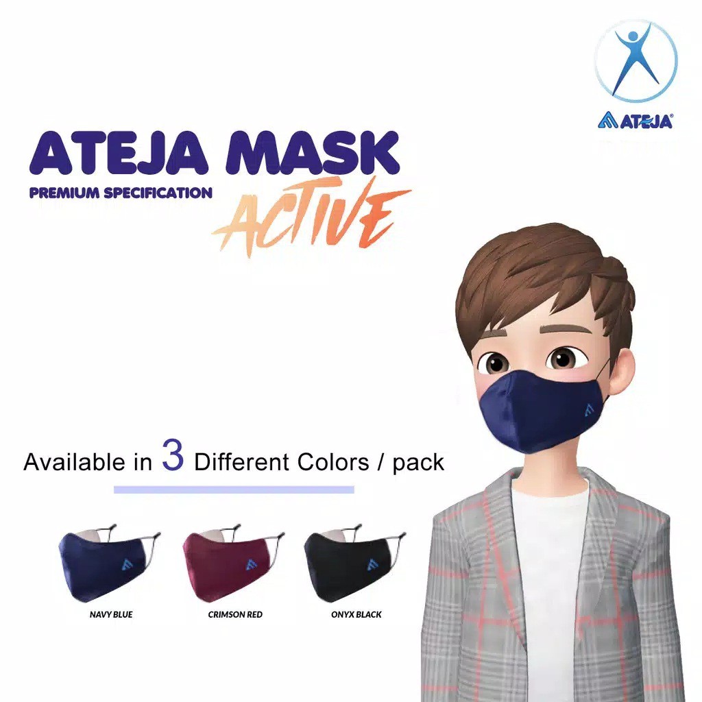 Masker Kain ATEJA MASK ACTIVE 3 Ply Lapis Non Medis Duckbill Earloop Adjuster Aktif SNI WHO Washable