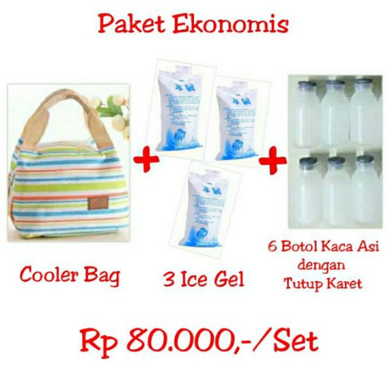 Paket Tas Penyimpanan Asi Perah Cooler Bag Ice Gel Pack Botol Kaca Tutup Karet
