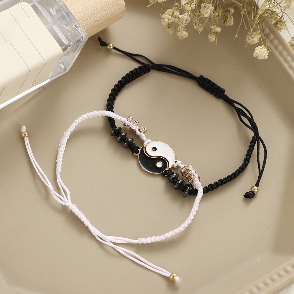 Hu Hu Hu Hu Hu Alat Bantu Pasang Kacamata♡ 2pcs Gelang Rajut Tangan Adjustable Desain Yin Yang 2 Hias Berlian Imitasi Untuk Pria / Wanita / Pasangan