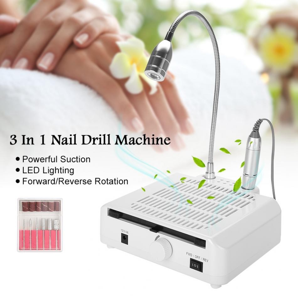 60W 3 in 1 Nail Dust Collector Suction Vacuum Drill Machine LED Lamp Cleanser Tool #913