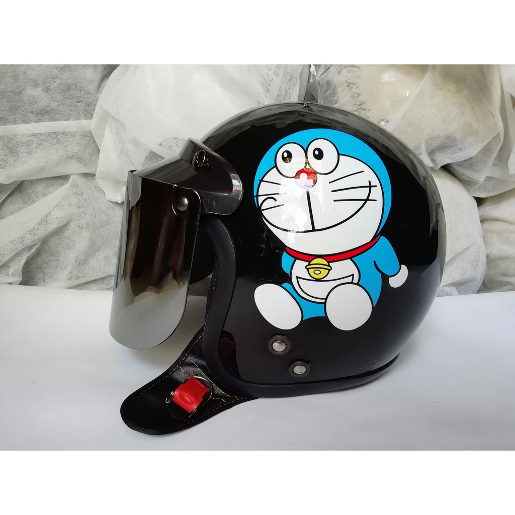 HELM DORAEMON BOGO DEWASA CAT HITAM KACA DATAR SILVER
