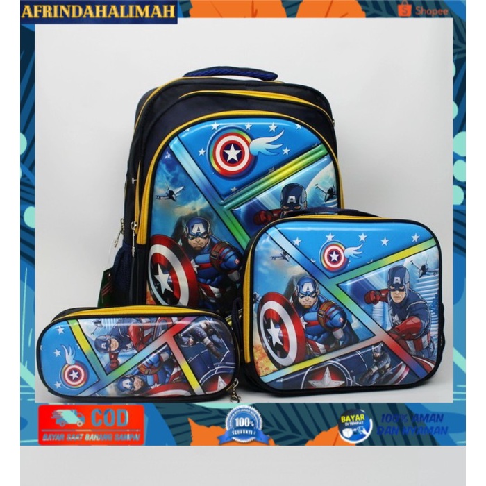 

{TERBARU} TAS ANAK SET 3 COWOK TAS SEKOLAH SET 3 IMPORT CARS SUPERMAN SPIDERMAN - Captain America