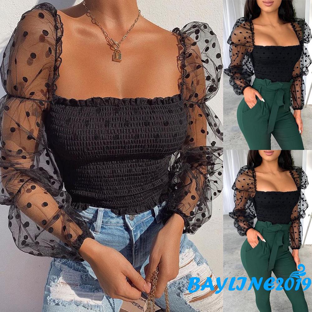 Ay-new Atasan Lengan Panjang Bahan Mesh Tembus Pandang Motif Polkadot untuk  Wanita | Shopee Indonesia