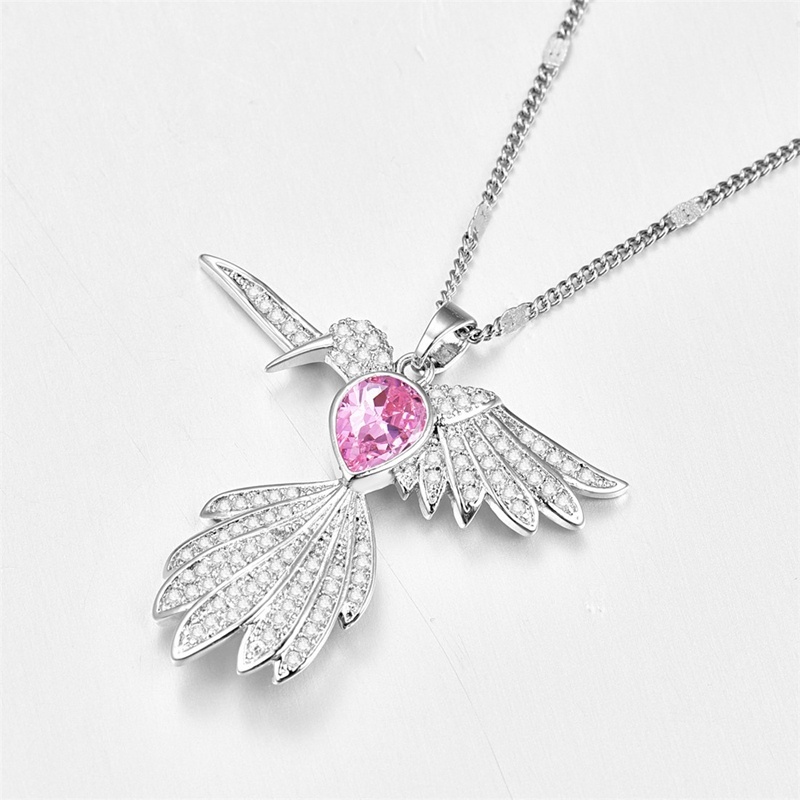 Kalung Rantai Sterling Silver 925 Dengan Liontin Burung Kolibri Hias Kristal / Berlian Pink Untuk Wanita