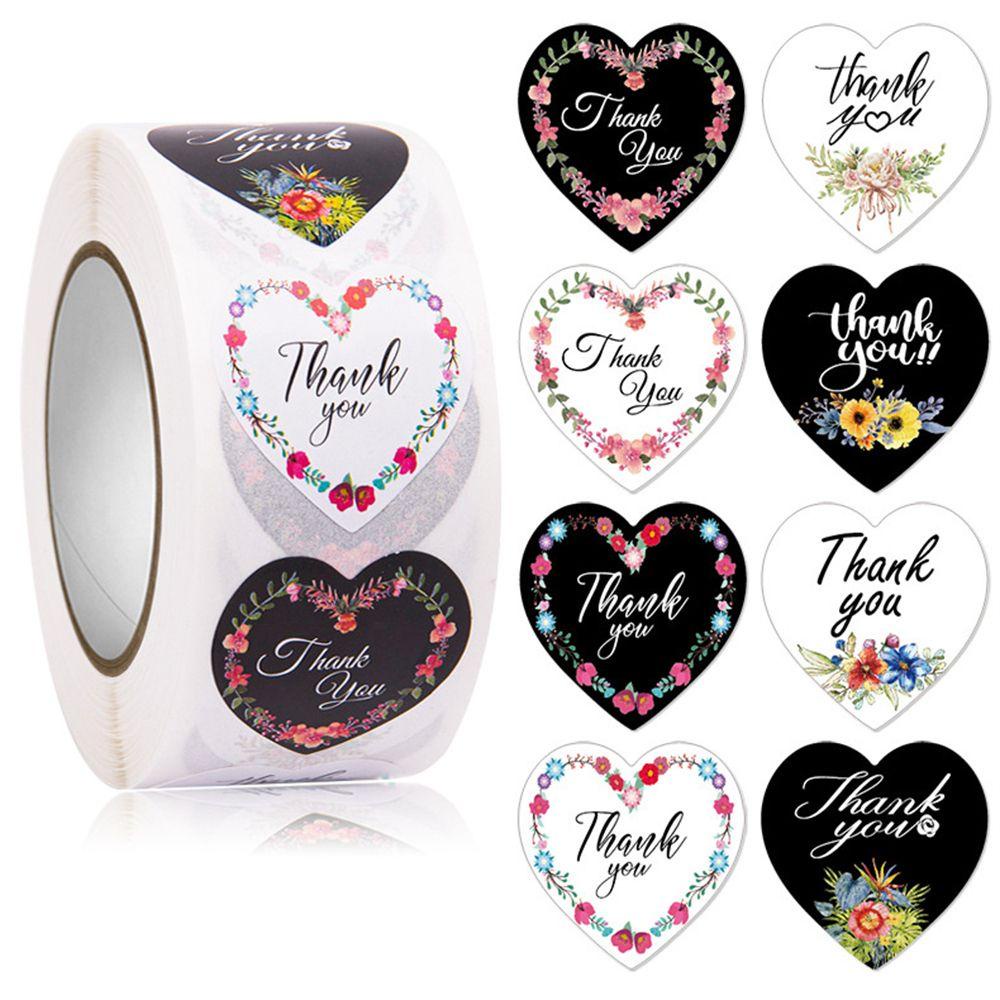 500pcs / roll Stiker Segel Bentuk Hati Bunga Tulisan Thank You Untuk Scrapbook