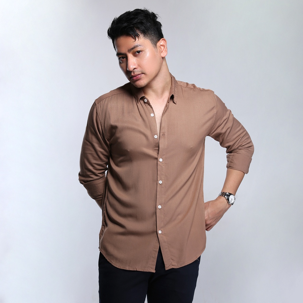 VENGOZ Kemeja Pria Slim Fit - Viscose Tan Brown