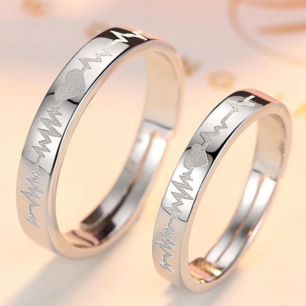 2pcs Cincin Model Terbuka Desain Detak Jantung Electrocardiogram Gaya Korea Untuk Pria Dan Wanita