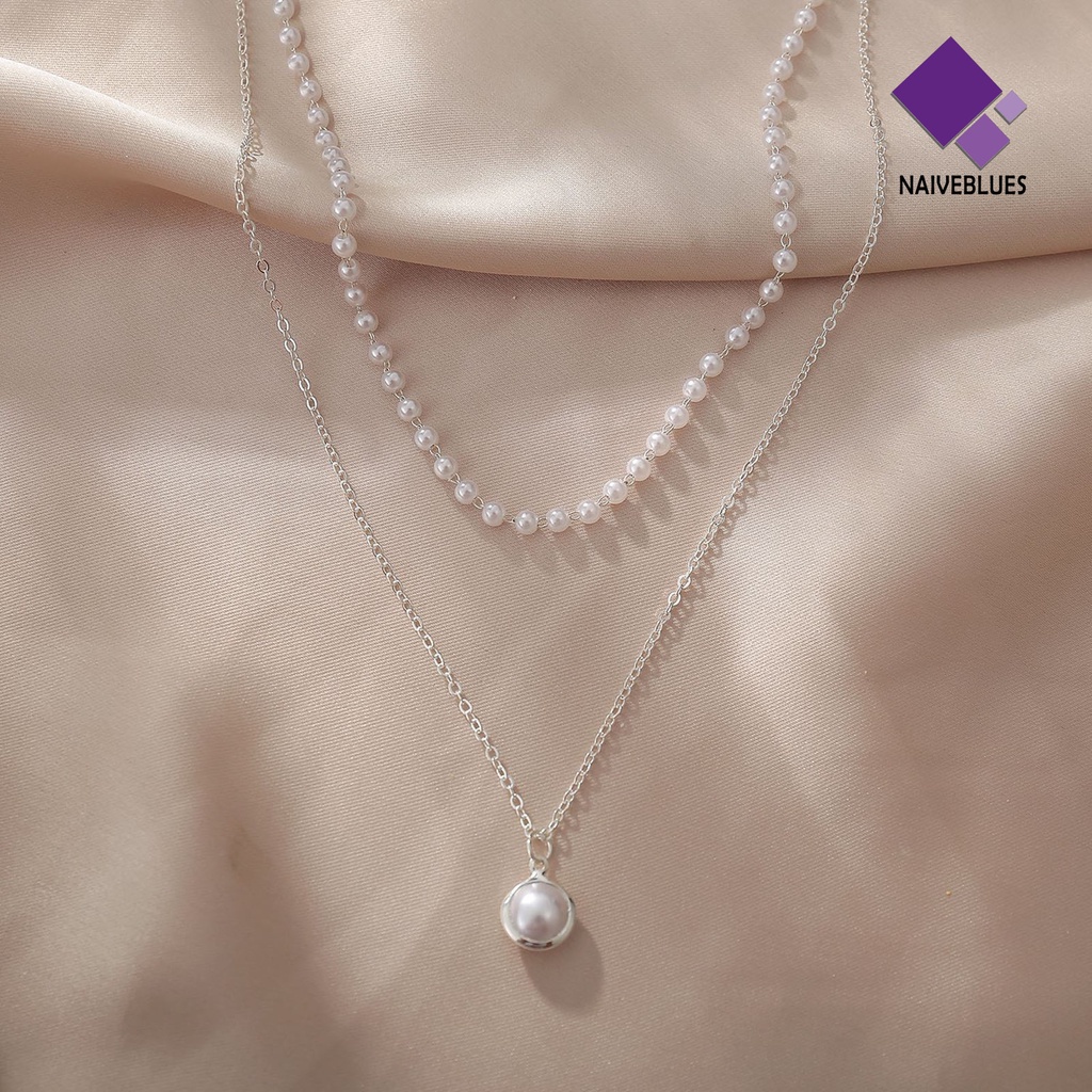Naiveblue Kalung Rantai Klavikula Mutiara Double layer Bahan Alloy Untuk Wanita