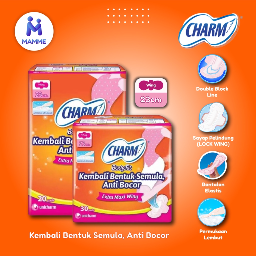 Charm Body Fit Wing / Non Wing 23 cm isi 8 / 10 / 20 / 30 pads - Pembalut Wanita Menstruasi