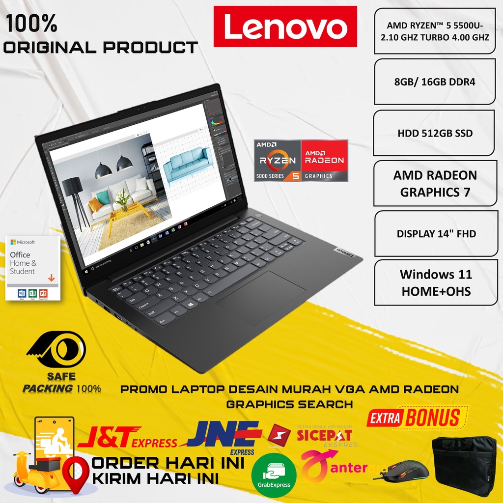 Laptop Desain lenovo v14 amd ryzen 5 5500u 16gb 512ssd win11+ohs