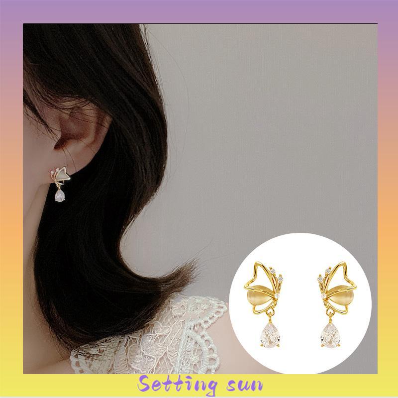 Opal Butterfly Love Water Drop Zircon Earrings Desain Niche Wanita Anting Temperamen Kelas Atas TN