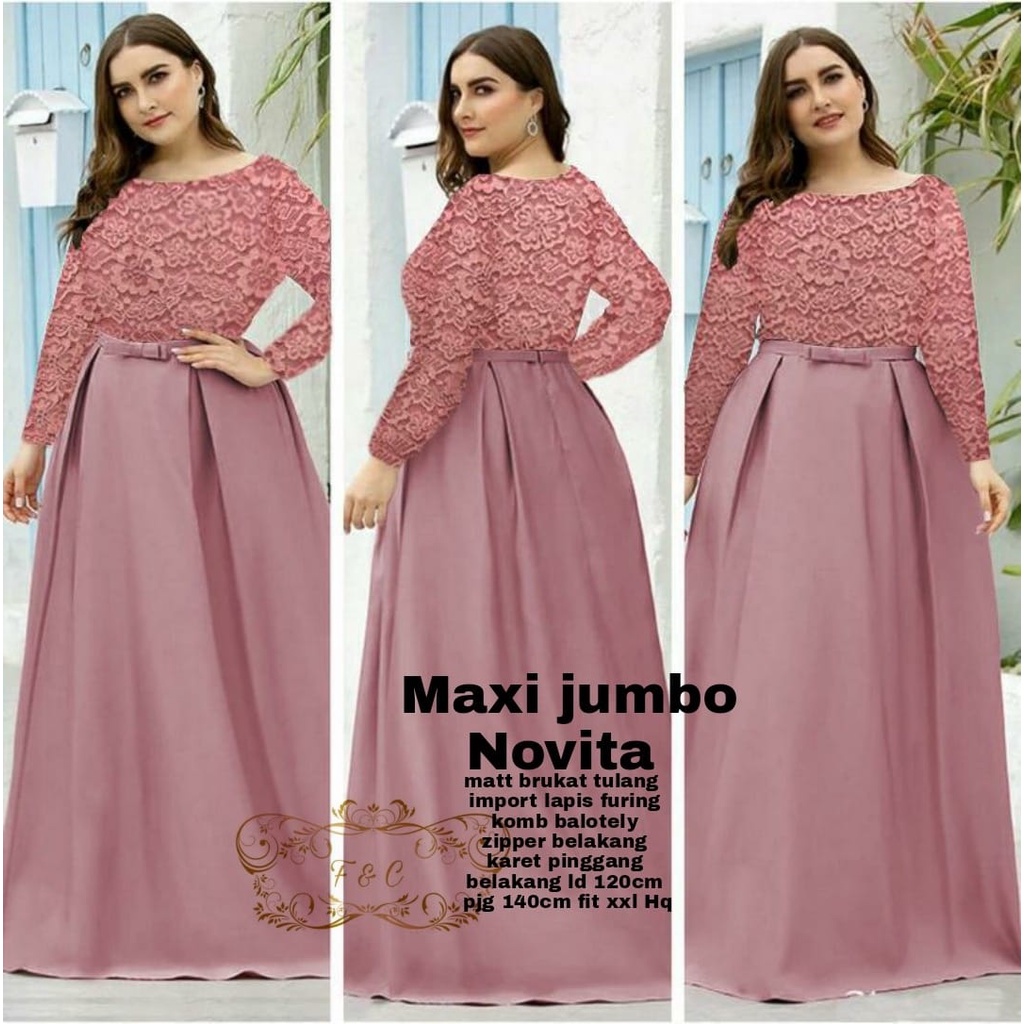 Dress Maxi Jumbo Brukat Lengan Panjang/ Dress Brukat NOVITA Maxi Fit To XXL