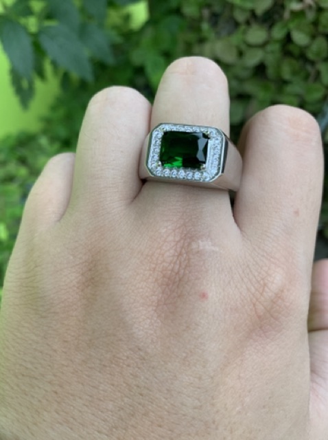 Cincin Perak Pria Sterling Silver 925 Batu Green Zamrud Emerald Cubic Zirconia Ukuran Resize