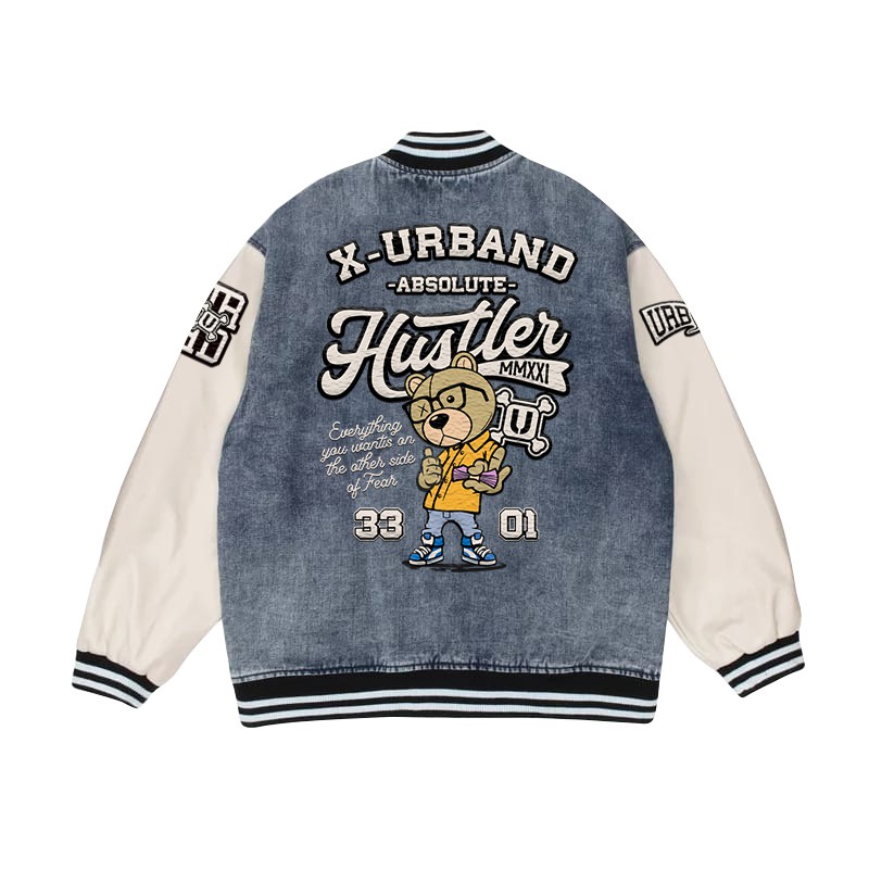 Jaket Varsity Denim Motif Hustler Bear Full Bordir Original Pria Wanita Gaya Stylish Terbaru Varsity