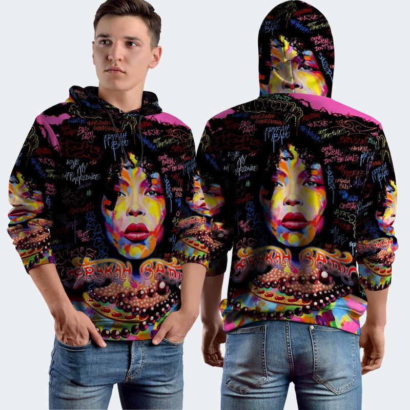 Jaket Hoodie Fullprint Erykah Badu Bahan Polyester Jersey