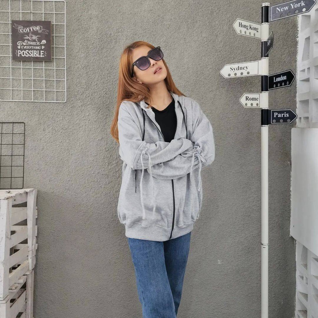 EMILY HOODIE ZIPPER Tangan Serut Wanita Oversize Fashion Terkini Ala Korean OOTD Kasual Desain Simple