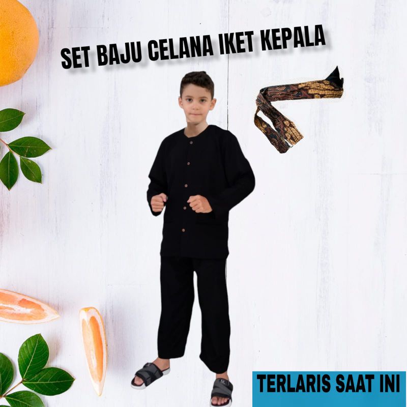 set baju pangsi anak tk sd plus iket/paket baju pangsi anak sekolah/motif batik dan polos