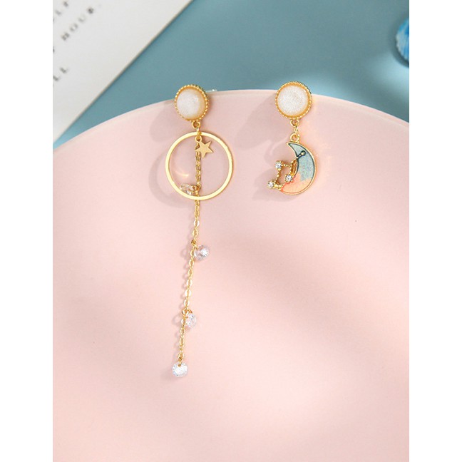 LRC Anting Tusuk Fashion Star And Moon Tassel Long Asymmetrical Stud Earrings K0295