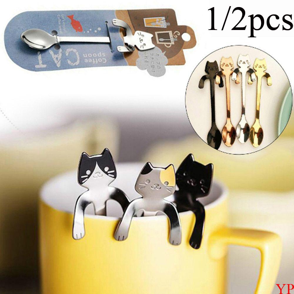 Chookyy 1/2pcs Sendok Kucing Lucu Gadget Dapur Sendok Garpu Gantung Gagang Panjang