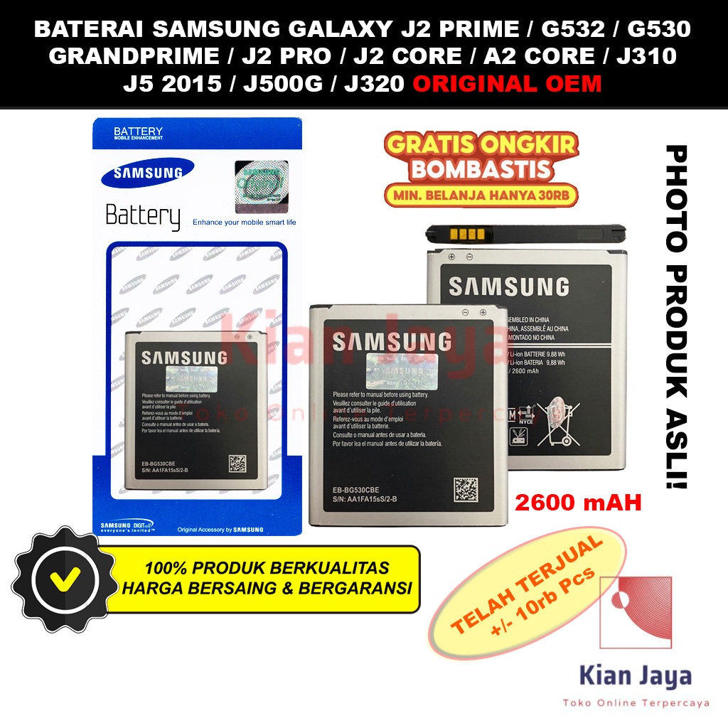 Baterai J2 Prime J5 Grandprime G530 J3 J2 Pro J2 Core A2 Core Original OEM Batre Batrai Battery Hp EB-BG530CBE Ori