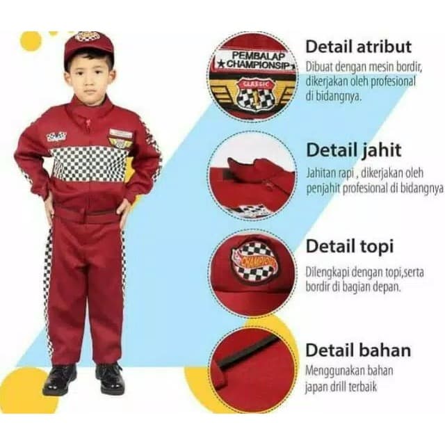 Seragam Profesi Anak Pembalap F1 Kostum Baju Laki Laki Cowok TK Cilik