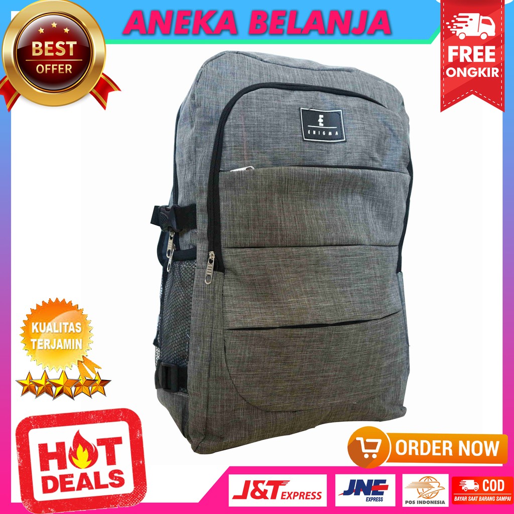 ANEKA - Tas Ransel Pria Terbaru Model Enigma Warna Abu Fashionable Bonus RAINCOVER Stylish Backpack Cowok Camping Hiking Murah Kuat Trendy Tas Sekolah Kuliah Mudik Terlaris Kualitas Terbaik