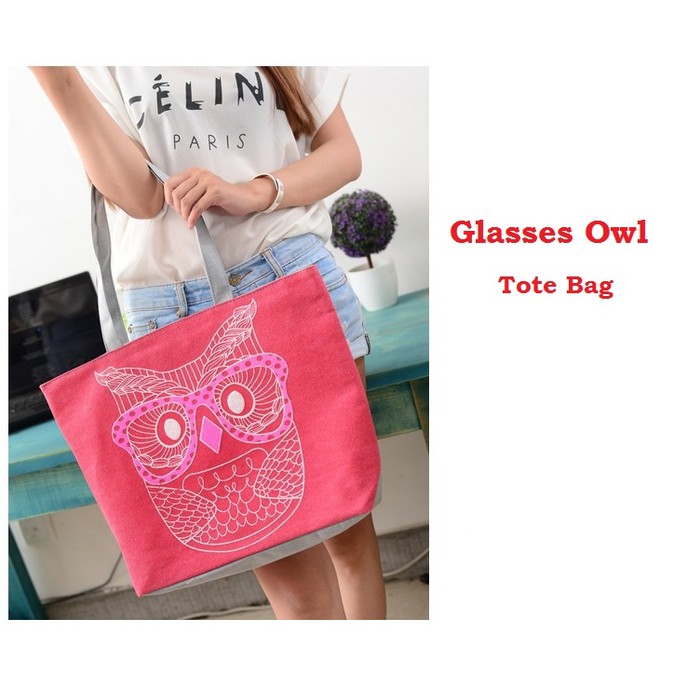 Glasses Owl Canvas Tote Bag / Tote Bag Wanita / Tas Selempang Kanvas