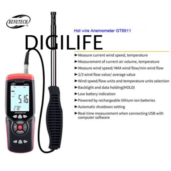 

Ready Stock Hot Wire Anemometer Benetech GT8911 Thermal Wind Speed Flow Meter CFM