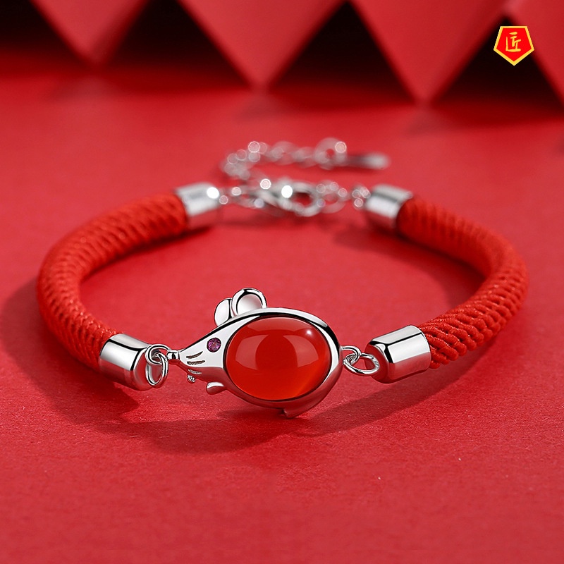 [Ready Stock]Silver Red Agate Lucky Mouse Red Rope Bracelet Female